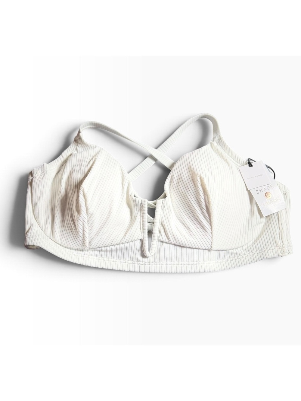 SHADE & SHORE white ribbed Underwired cross back bikini top size 38D NWT
